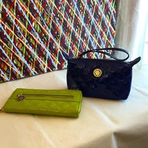 Vintage Y2K Anne Klein wallet cosmetic bag set green vinyl purple quilted